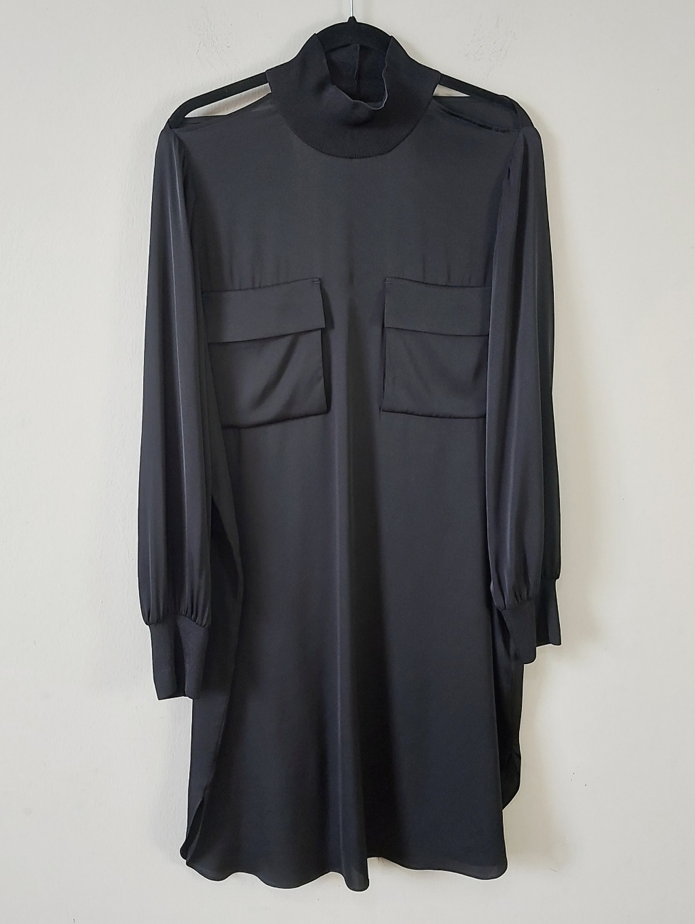By Malene Birger High Neck Shoulder Cutout Front Pockets Long Sleeve Shift Dress